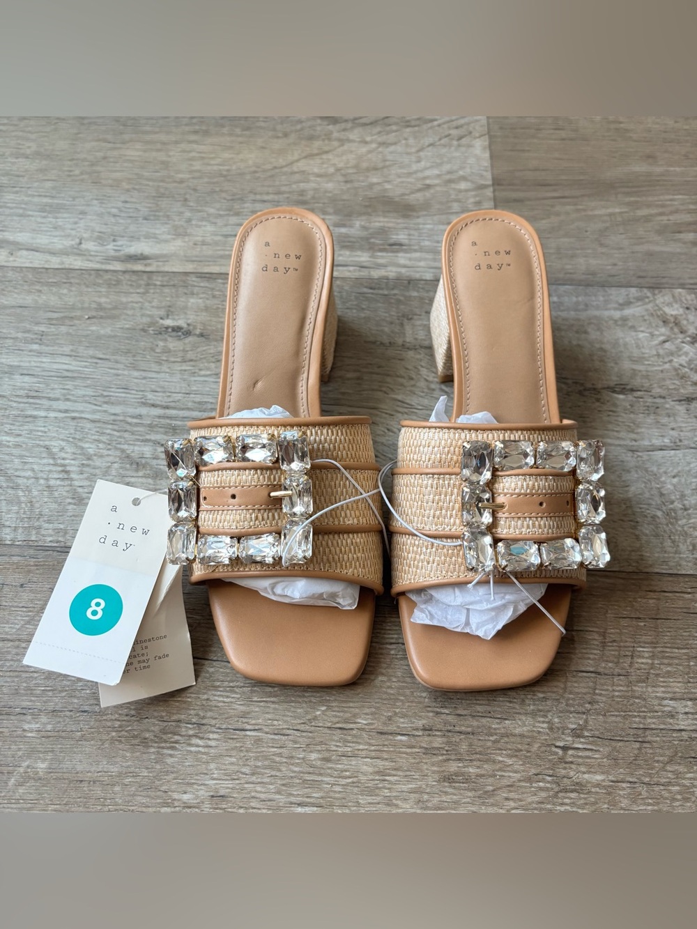 A New Day Kathleen raffia block heel sandals rhinestone buckle beige Size 8